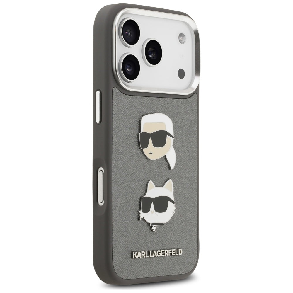 Deksel for Apple iPhone 17 Pro, Karl Lagerfeld, Grained Karl & Choupette's Heads Pins and Logo, Grå