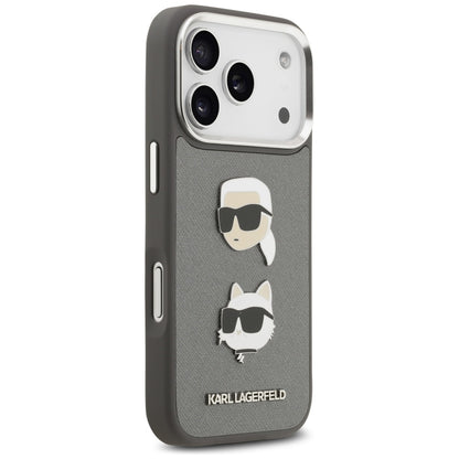Deksel for Apple iPhone 17 Pro, Karl Lagerfeld, Grained Karl & Choupette's Heads Pins and Logo, Grå