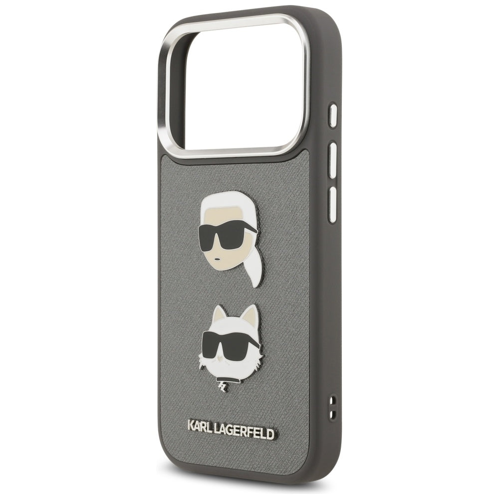 Deksel for Apple iPhone 17 Pro, Karl Lagerfeld, Grained Karl & Choupette's Heads Pins and Logo, Grå