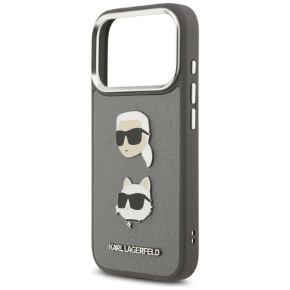 Deksel for Apple iPhone 17 Pro, Karl Lagerfeld, Grained Karl & Choupette's Heads Pins and Logo, Grå