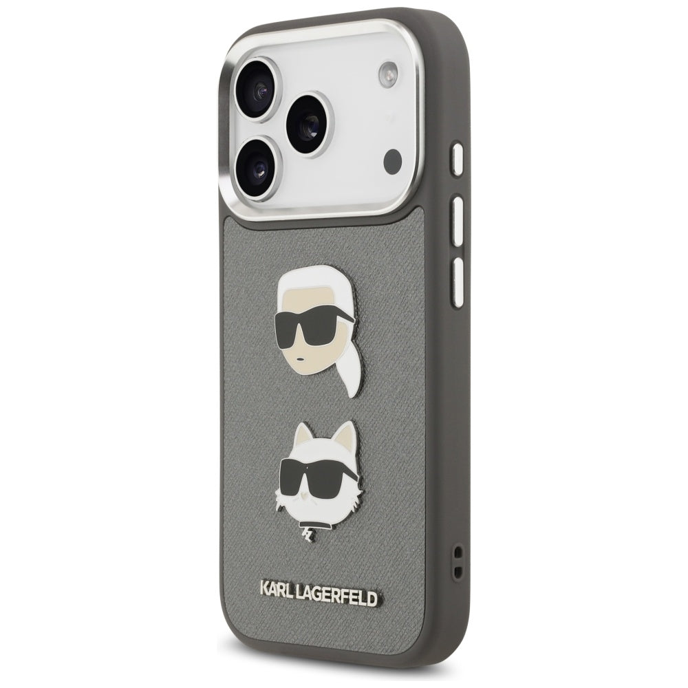 Deksel for Apple iPhone 17 Pro, Karl Lagerfeld, Grained Karl & Choupette's Heads Pins and Logo, Grå