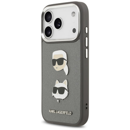 Deksel for Apple iPhone 17 Pro, Karl Lagerfeld, Grained Karl & Choupette's Heads Pins and Logo, Grå