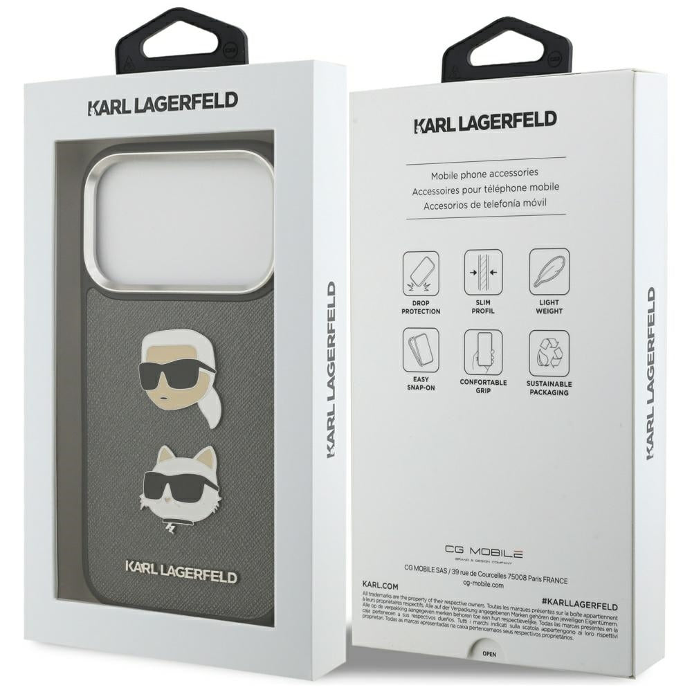 Deksel for Apple iPhone 17 Pro, Karl Lagerfeld, Grained Karl & Choupette's Heads Pins and Logo, Grå