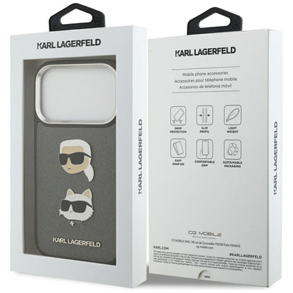 Deksel for Apple iPhone 17 Pro, Karl Lagerfeld, Grained Karl & Choupette's Heads Pins and Logo, Grå