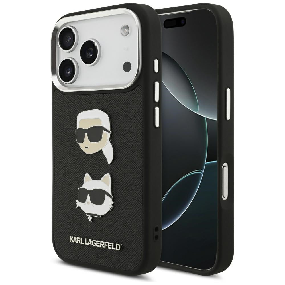 Deksel for Apple iPhone 17 Pro, Karl Lagerfeld, Grained Karl & Choupette's Heads Pins and Logo, Svart