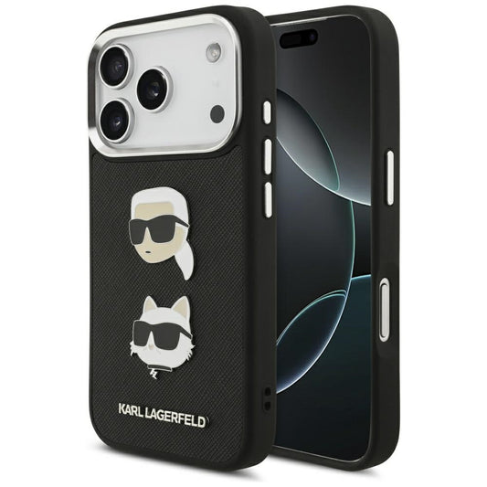 Deksel for Apple iPhone 17 Pro, Karl Lagerfeld, Grained Karl & Choupette's Heads Pins and Logo, Svart