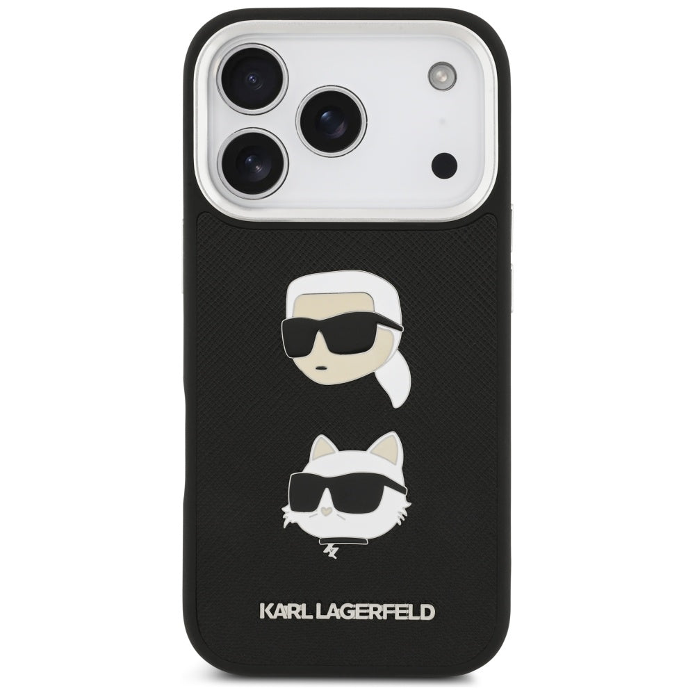 Deksel for Apple iPhone 17 Pro, Karl Lagerfeld, Grained Karl & Choupette's Heads Pins and Logo, Svart
