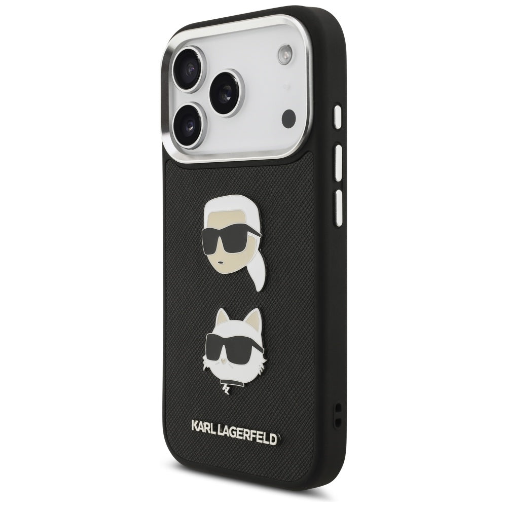 Deksel for Apple iPhone 17 Pro, Karl Lagerfeld, Grained Karl & Choupette's Heads Pins and Logo, Svart