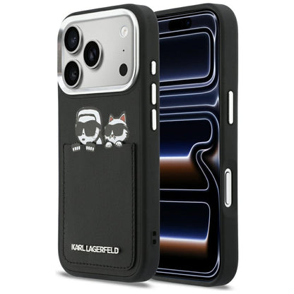 Deksel for Apple iPhone 17 Pro, Karl Lagerfeld, Karl & Choupette Print with Pocket, Svart