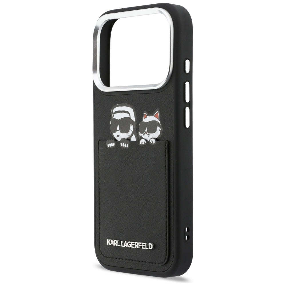 Deksel for Apple iPhone 17 Pro, Karl Lagerfeld, Karl & Choupette Print with Pocket, Svart
