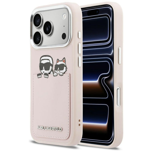 Deksel for Apple iPhone 17 Pro, Karl Lagerfeld, Karl & Choupette Print with Pocket, Rosa