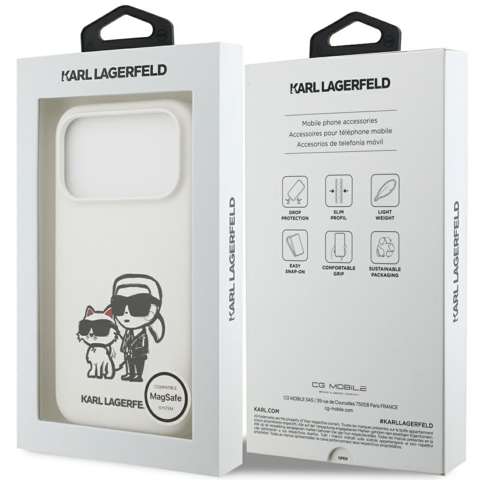Deksel for Apple iPhone 17 Pro, Karl Lagerfeld, Sketch and Logo Karl & Choupette, Hvit