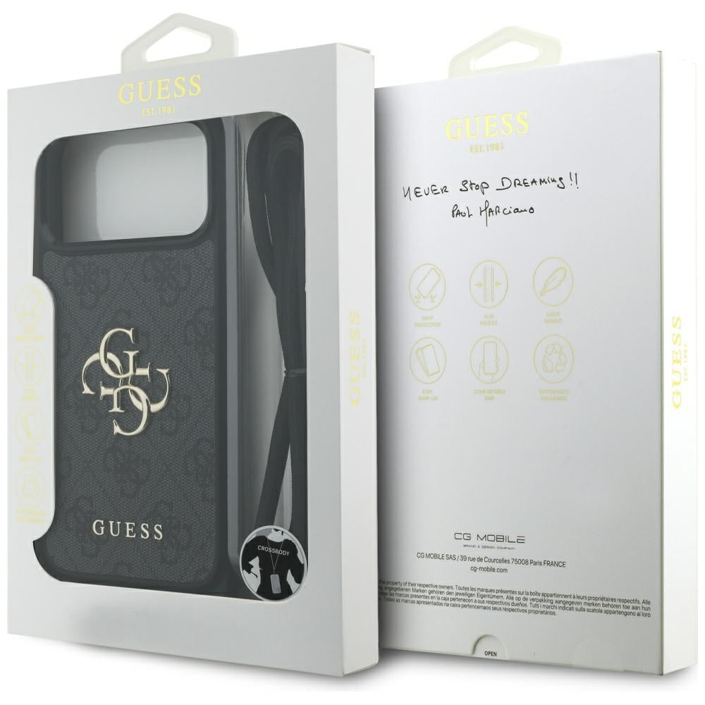 Deksel for Apple iPhone 17 Pro Max, Guess, 4G CBDY Big Logo with Cord Strap, Svart