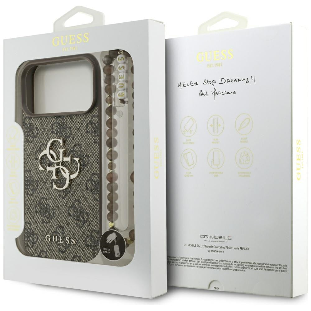 Deksel for Apple iPhone 17 Pro Max, Guess, 4G Classic Logo with Pearl Strap, Brun