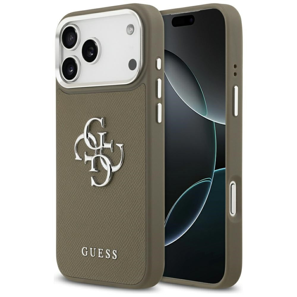 Deksel for Apple iPhone 17 Pro Max, Guess, 4G Grained Big And Classic Logo, Brun Sølv