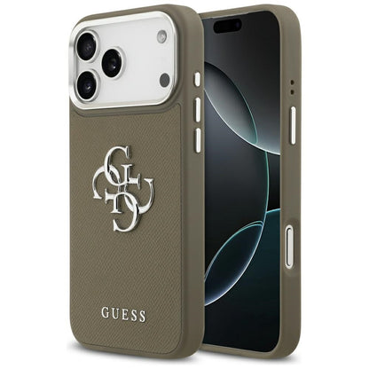 Deksel for Apple iPhone 17 Pro Max, Guess, 4G Grained Big And Classic Logo, Brun Sølv