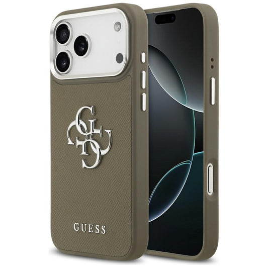 Deksel for Apple iPhone 17 Pro Max, Guess, 4G Grained Big And Classic Logo, Brun Sølv