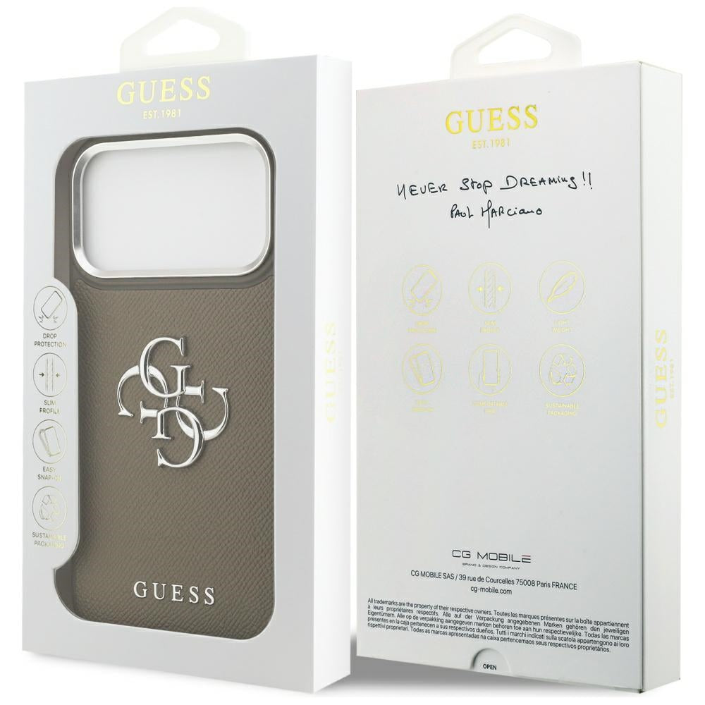 Deksel for Apple iPhone 17 Pro Max, Guess, 4G Grained Big And Classic Logo, Brun Sølv