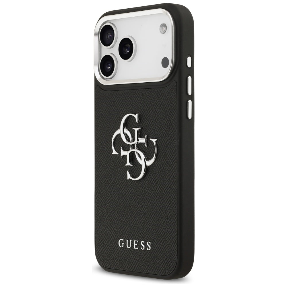 Deksel for Apple iPhone 17 Pro Max, Guess, 4G Grained Big and Classic Logo, Svart Sølv