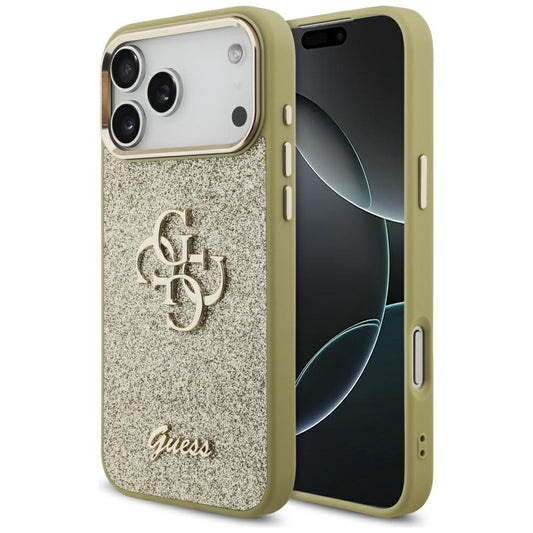 Deksel for Apple iPhone 17 Pro Max, Guess, Fixed Glitter Big 4G Metal Frame, Gull