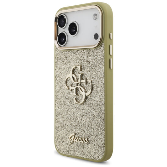 Deksel for Apple iPhone 17 Pro Max, Guess, Fixed Glitter Big 4G Metal Frame, Gull