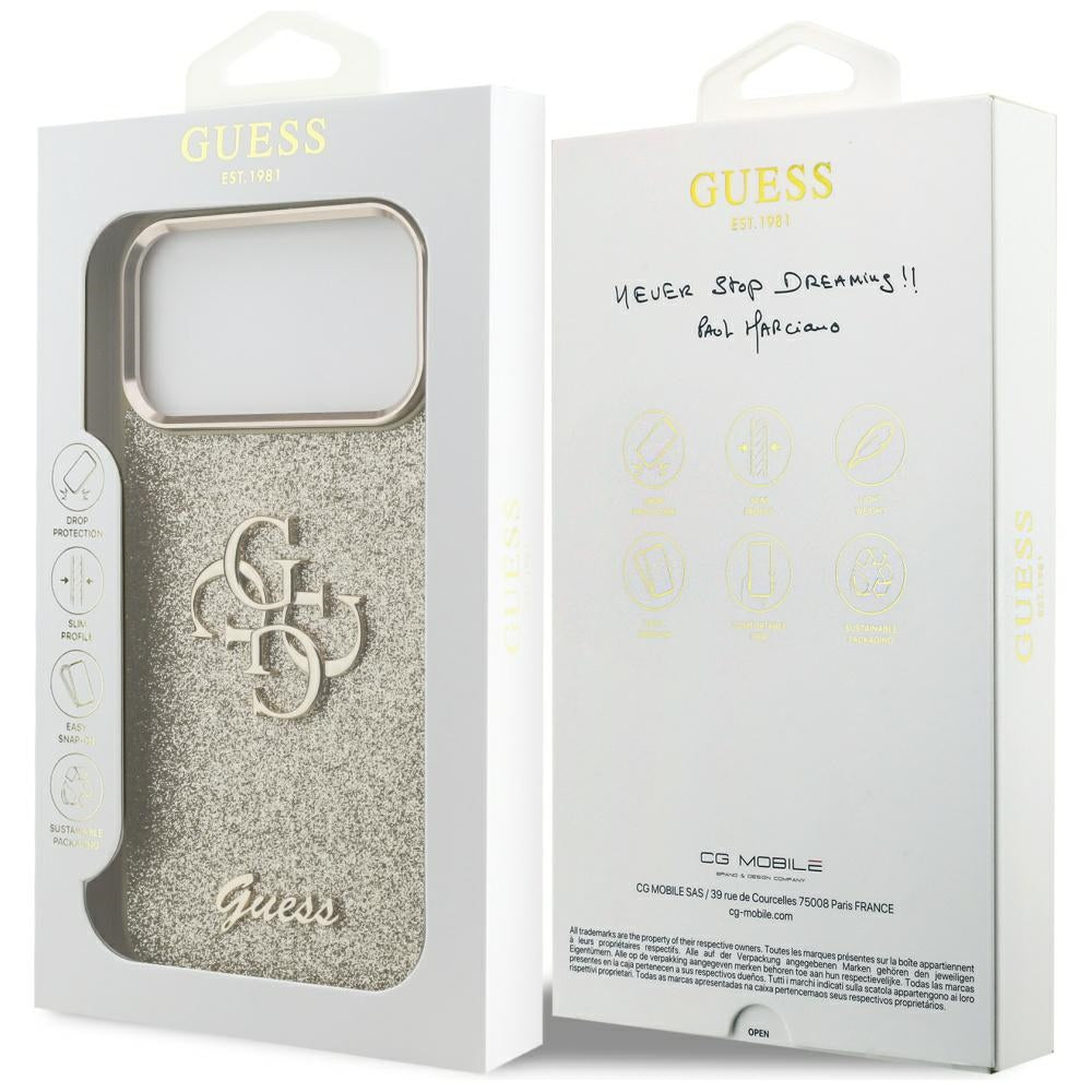 Deksel for Apple iPhone 17 Pro Max, Guess, Fixed Glitter Big 4G Metal Frame, Gull