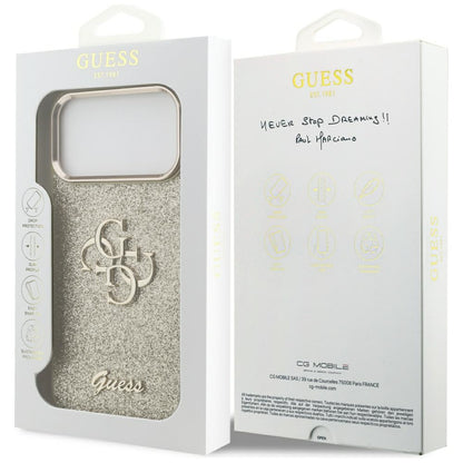 Deksel for Apple iPhone 17 Pro Max, Guess, Fixed Glitter Big 4G Metal Frame, Gull