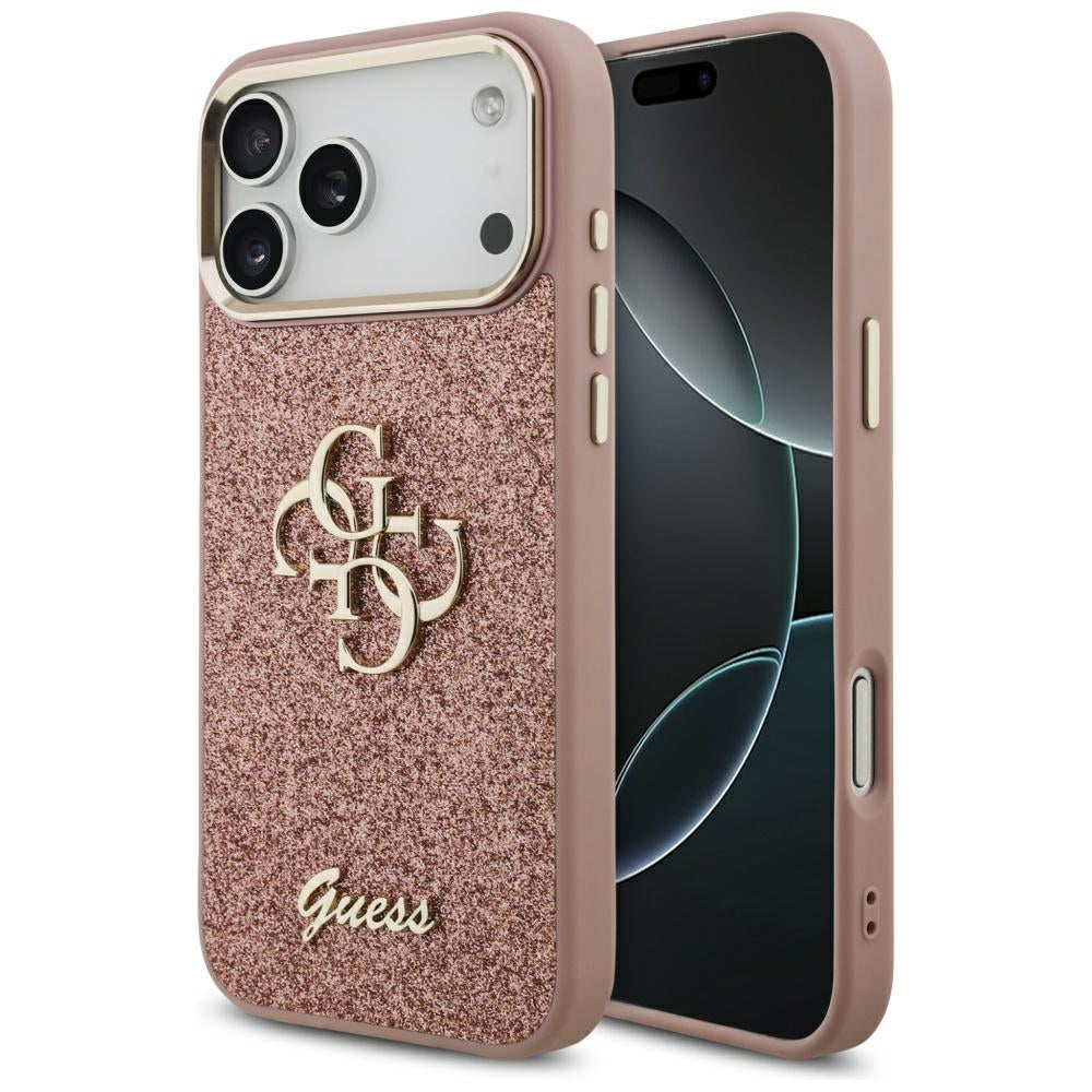 Deksel for Apple iPhone 17 Pro Max, Guess, Fixed Glitter Big 4G Metal Frame, Rosa