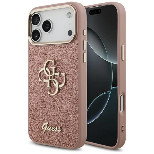 Deksel for Apple iPhone 17 Pro Max, Guess, Fixed Glitter Big 4G Metal Frame, Rosa