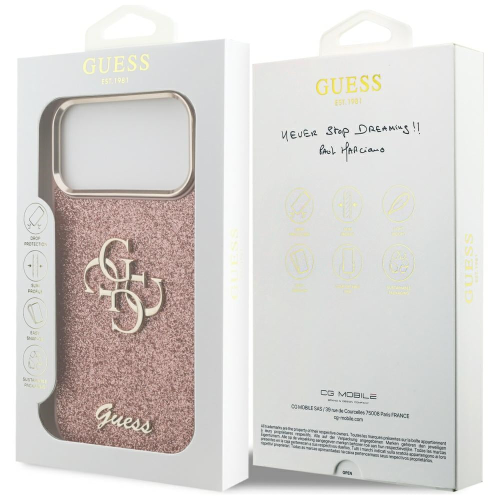 Deksel for Apple iPhone 17 Pro Max, Guess, Fixed Glitter Big 4G Metal Frame, Rosa