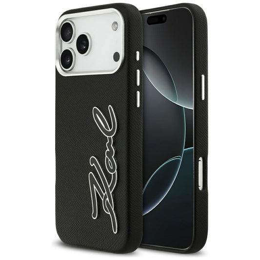 Deksel for Apple iPhone 17 Pro Max, Karl Lagerfeld, FW Grained Signature Logo, Svart