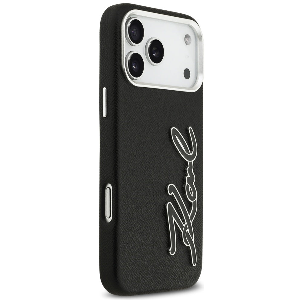 Deksel for Apple iPhone 17 Pro Max, Karl Lagerfeld, FW Grained Signature Logo, Svart