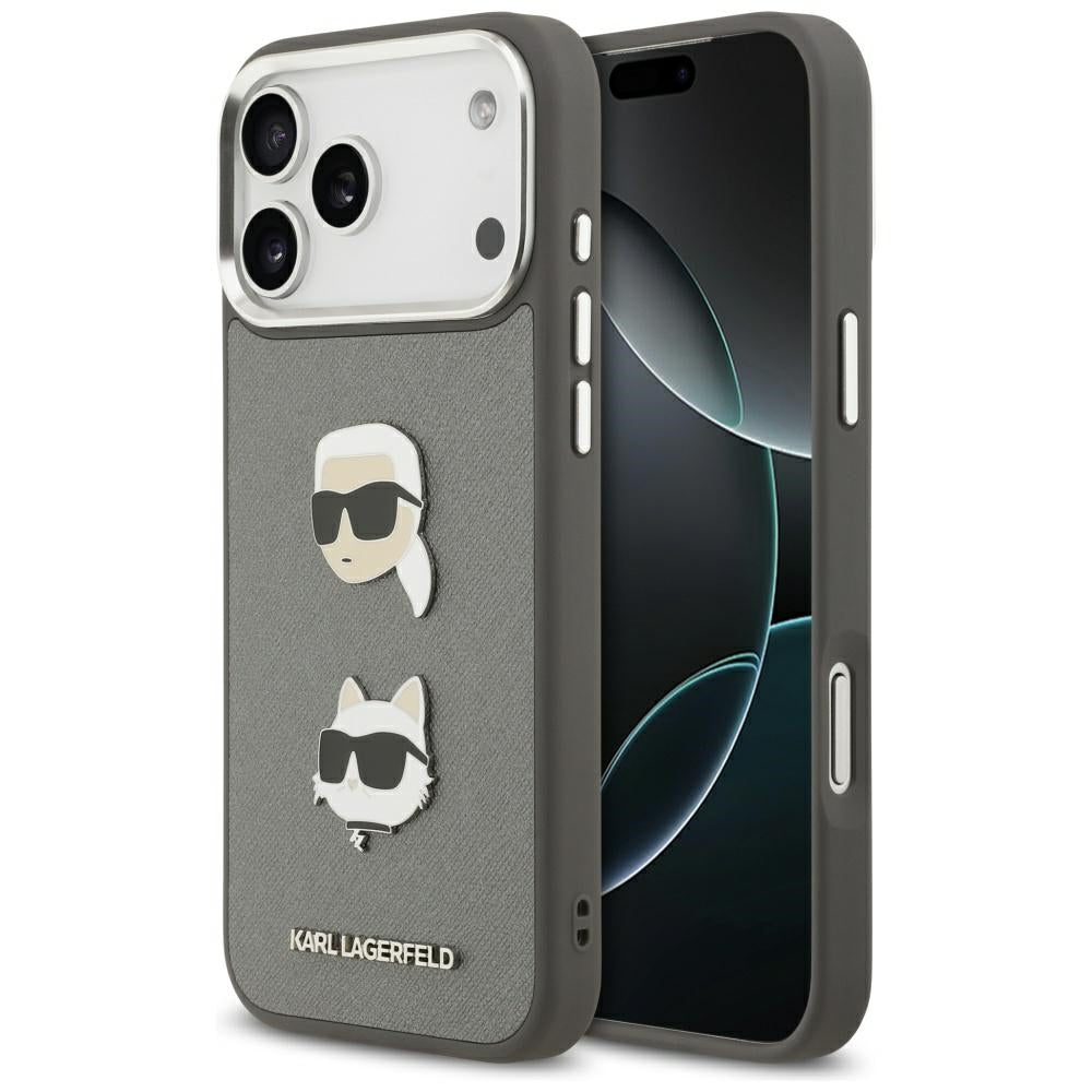 Deksel for Apple iPhone 17 Pro Max, Karl Lagerfeld, Grained Karl & Choupette's Heads Pins and Logo, Grå