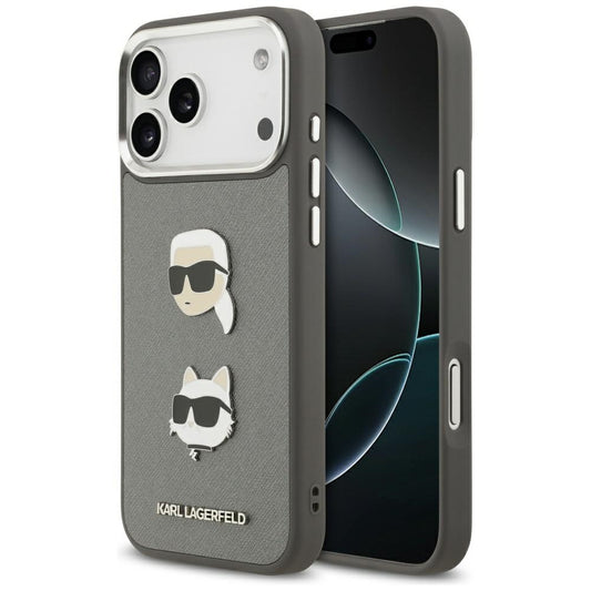 Deksel for Apple iPhone 17 Pro Max, Karl Lagerfeld, Grained Karl & Choupette's Heads Pins and Logo, Grå