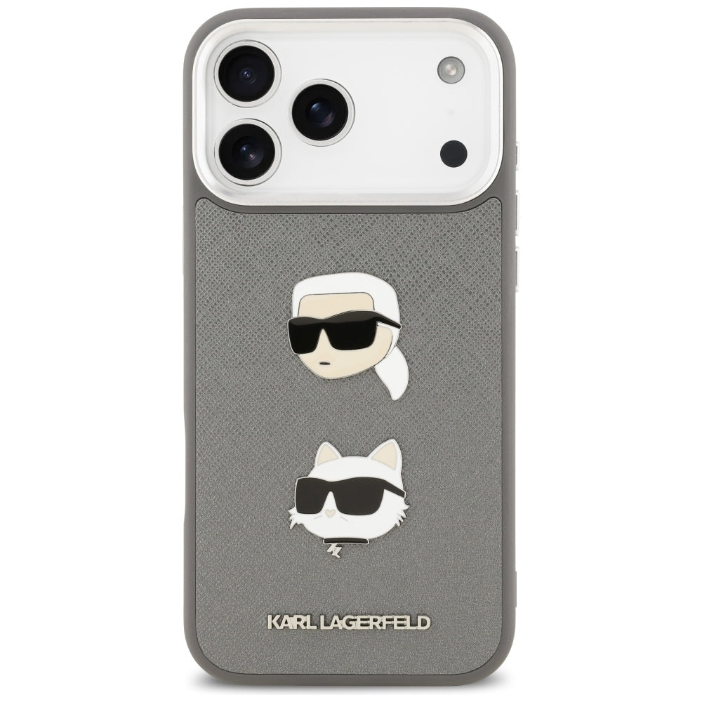 Deksel for Apple iPhone 17 Pro Max, Karl Lagerfeld, Grained Karl & Choupette's Heads Pins and Logo, Grå