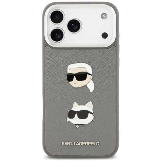 Deksel for Apple iPhone 17 Pro Max, Karl Lagerfeld, Grained Karl & Choupette's Heads Pins and Logo, Grå