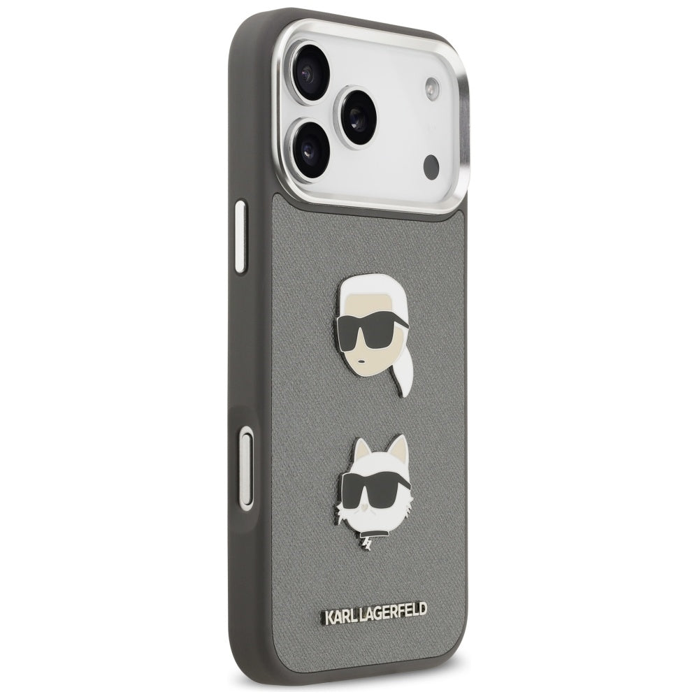 Deksel for Apple iPhone 17 Pro Max, Karl Lagerfeld, Grained Karl & Choupette's Heads Pins and Logo, Grå