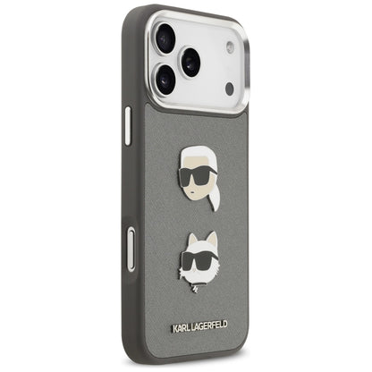 Deksel for Apple iPhone 17 Pro Max, Karl Lagerfeld, Grained Karl & Choupette's Heads Pins and Logo, Grå
