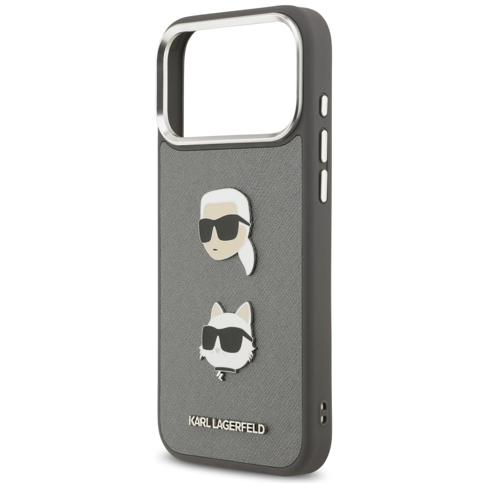 Deksel for Apple iPhone 17 Pro Max, Karl Lagerfeld, Grained Karl & Choupette's Heads Pins and Logo, Grå