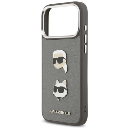 Deksel for Apple iPhone 17 Pro Max, Karl Lagerfeld, Grained Karl & Choupette's Heads Pins and Logo, Grå