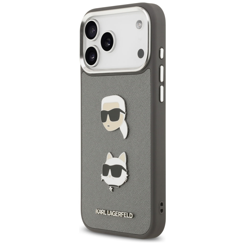 Deksel for Apple iPhone 17 Pro Max, Karl Lagerfeld, Grained Karl & Choupette's Heads Pins and Logo, Grå