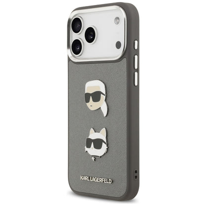 Deksel for Apple iPhone 17 Pro Max, Karl Lagerfeld, Grained Karl & Choupette's Heads Pins and Logo, Grå
