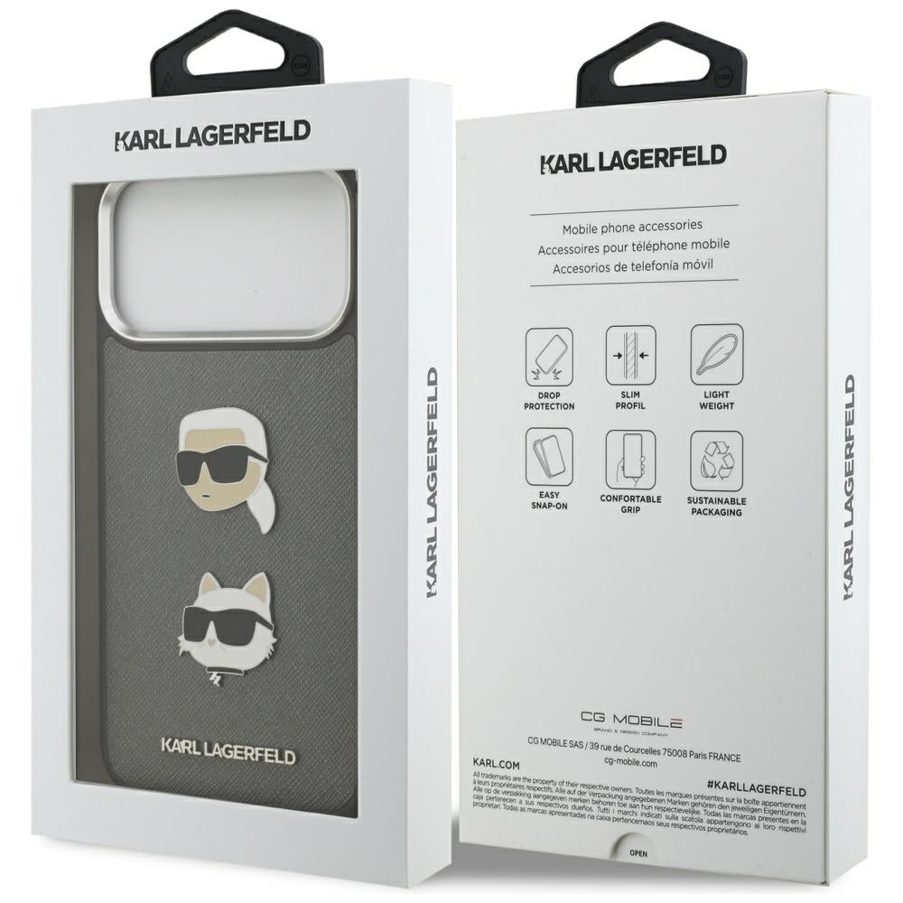 Deksel for Apple iPhone 17 Pro Max, Karl Lagerfeld, Grained Karl & Choupette's Heads Pins and Logo, Grå