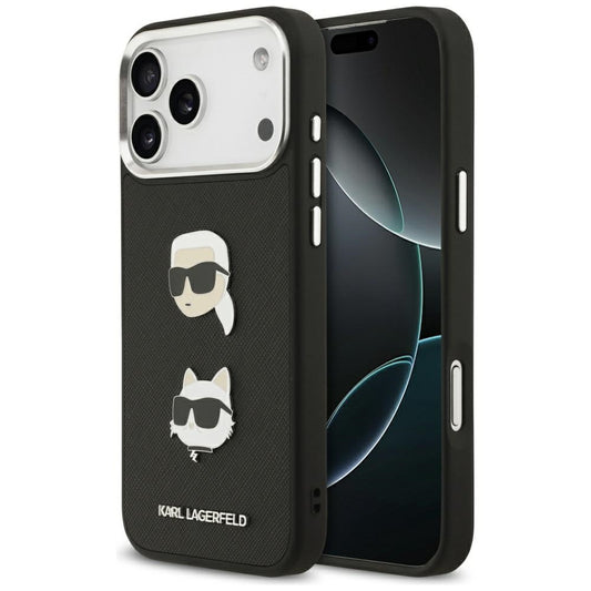 Deksel for Apple iPhone 17 Pro Max, Karl Lagerfeld, Grained Karl & Choupette's Heads Pins and Logo, Svart