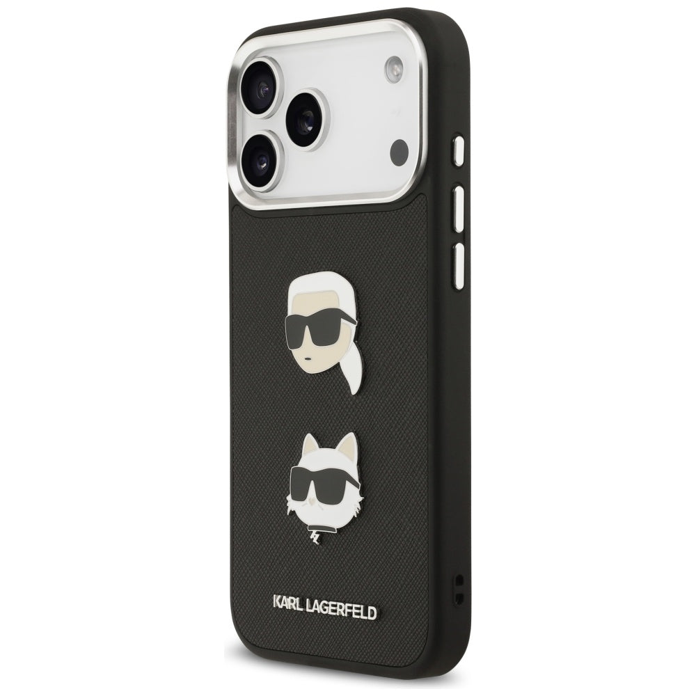 Deksel for Apple iPhone 17 Pro Max, Karl Lagerfeld, Grained Karl & Choupette's Heads Pins and Logo, Svart