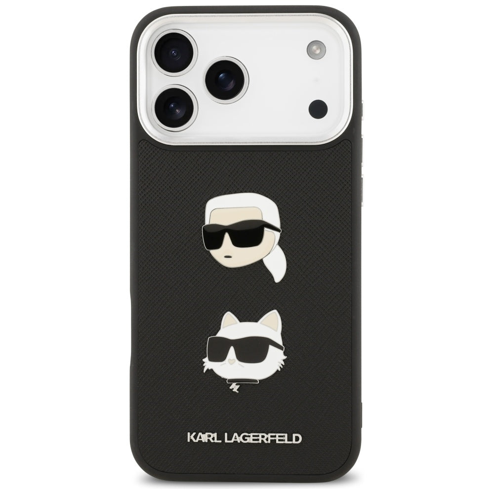 Deksel for Apple iPhone 17 Pro Max, Karl Lagerfeld, Grained Karl & Choupette's Heads Pins and Logo, Svart