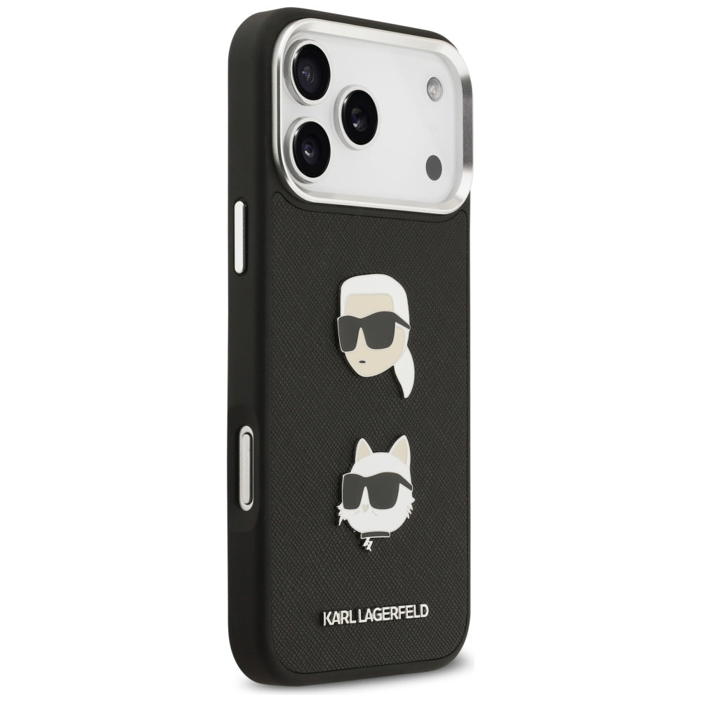 Deksel for Apple iPhone 17 Pro Max, Karl Lagerfeld, Grained Karl & Choupette's Heads Pins and Logo, Svart