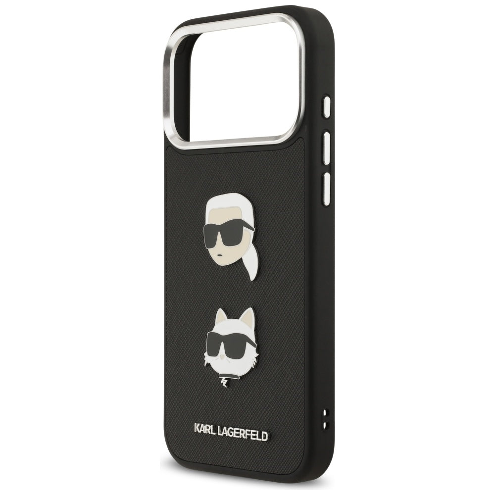 Deksel for Apple iPhone 17 Pro Max, Karl Lagerfeld, Grained Karl & Choupette's Heads Pins and Logo, Svart