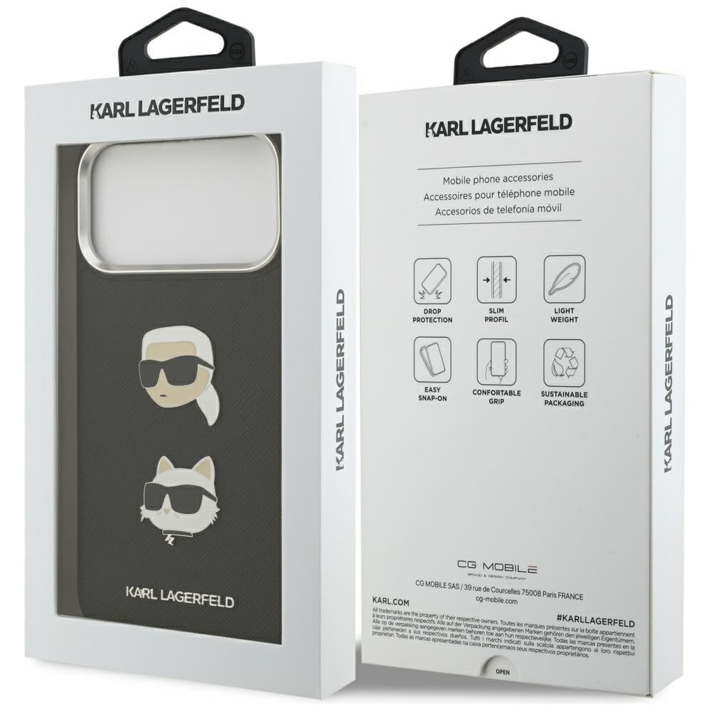 Deksel for Apple iPhone 17 Pro Max, Karl Lagerfeld, Grained Karl & Choupette's Heads Pins and Logo, Svart