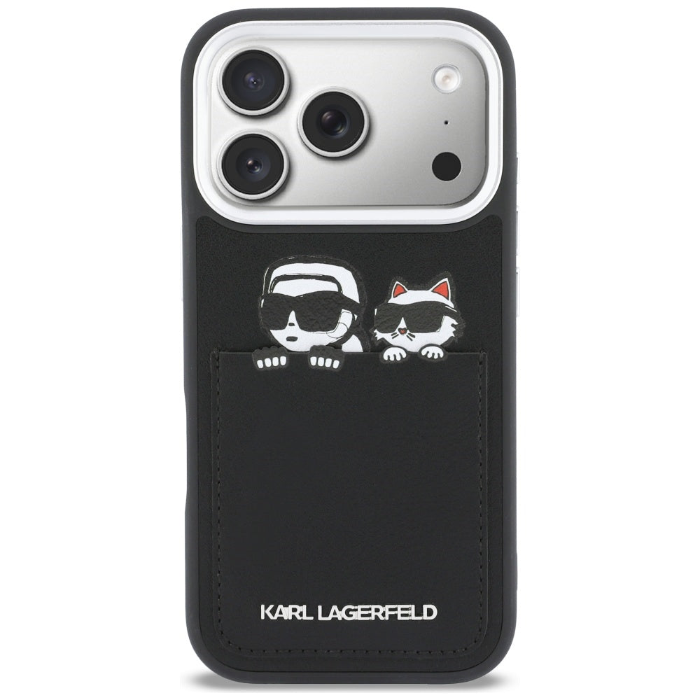 Deksel for Apple iPhone 17 Pro Max, Karl Lagerfeld, Karl & Choupette Print with Pocket, Svart